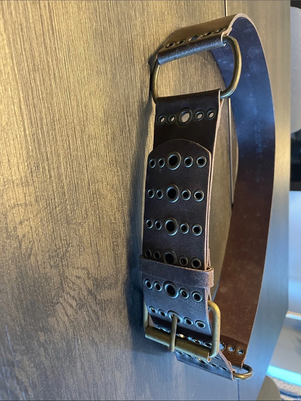 Buckle Brown Leather Belt with Brass-Tone Buckle
